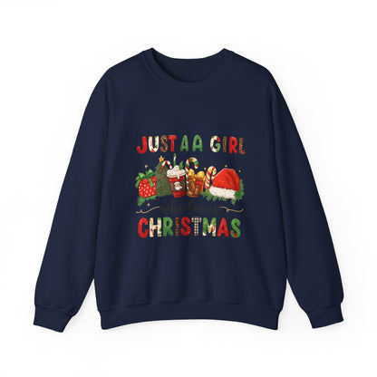 Unisex Heavy Blend™ mw2052 | Just a Girl Who Loves Christmas Sweatshirt – Cute Holiday Pullover, Festive Santa Candy Cane Crewneck