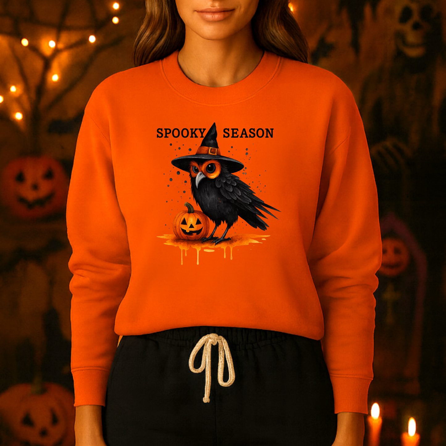 Unisex Heavy Blend™ Spooky Season Halloween Sweatshirt – Witch Hat Owl & Pumpkin Design | mw1006