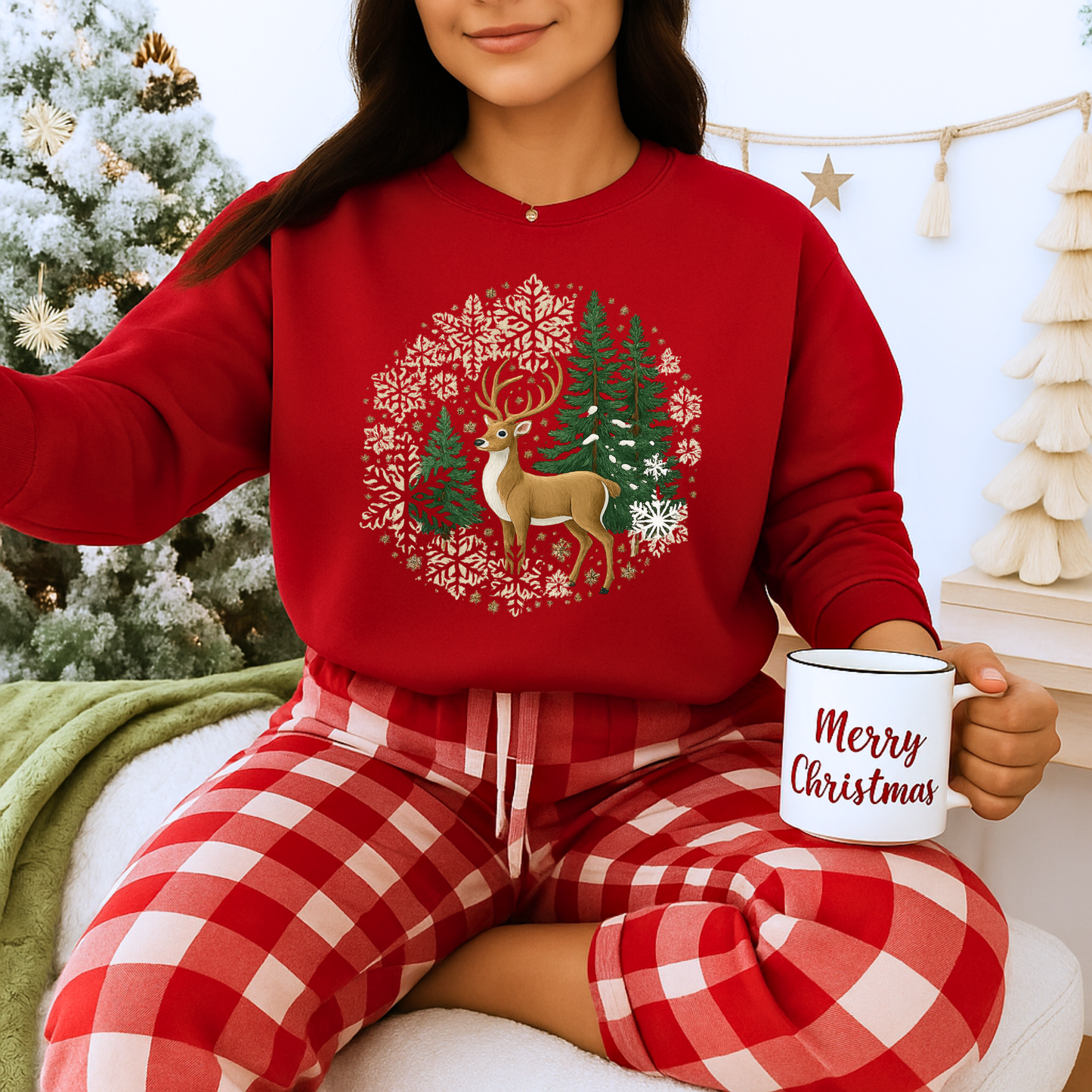 Unisex Heavy Blend™ mw2055 | Reindeer Snowflake Christmas Sweatshirt – Festive Winter Deer Crewneck, Holiday Pullover Sweater