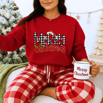 Unisex Heavy Blend™ mw2037 | Merry Christmas Sweatshirt – Buffalo Plaid Santa Hat Holiday Crewneck | Cozy Unisex Winter Gift