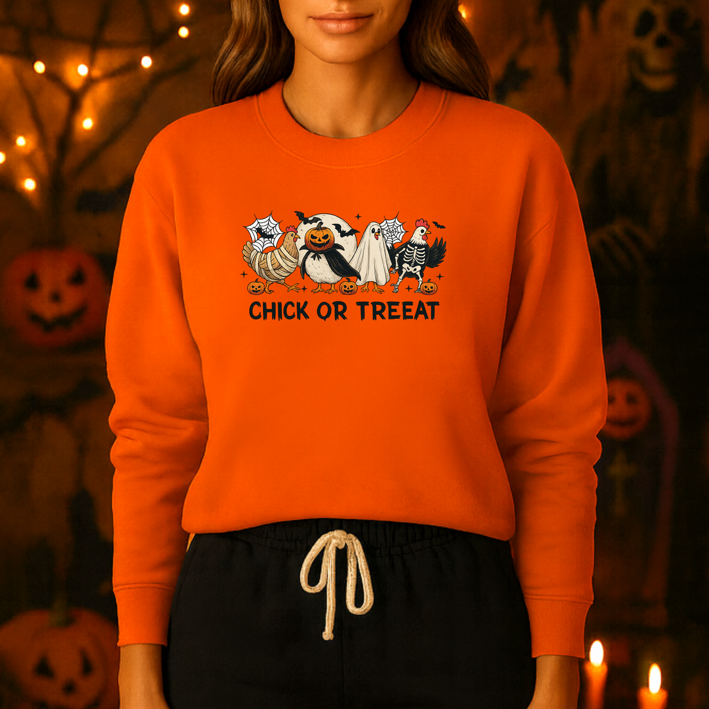 Unisex Heavy Blend™ Chick or Treat Halloween Sweatshirt – Funny Chicken Costume Crewneck | mw1026