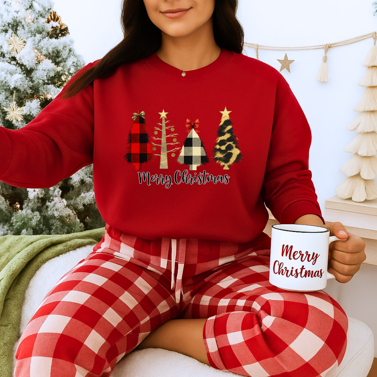 Unisex Heavy Blend™ mw2019 | Merry Christmas Tree Sweatshirt – Buffalo Plaid & Leopard Print Holiday Crewneck | Cozy Unisex Winter Gift