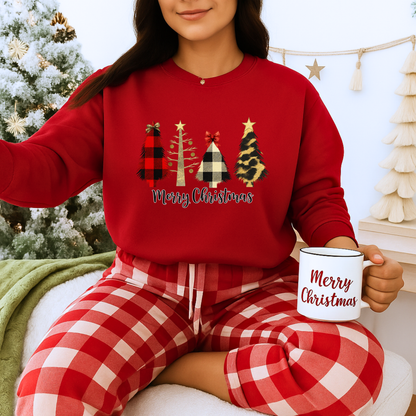 Unisex Heavy Blend™ mw2019 | Merry Christmas Tree Sweatshirt – Buffalo Plaid & Leopard Print Holiday Crewneck | Cozy Unisex Winter Gift