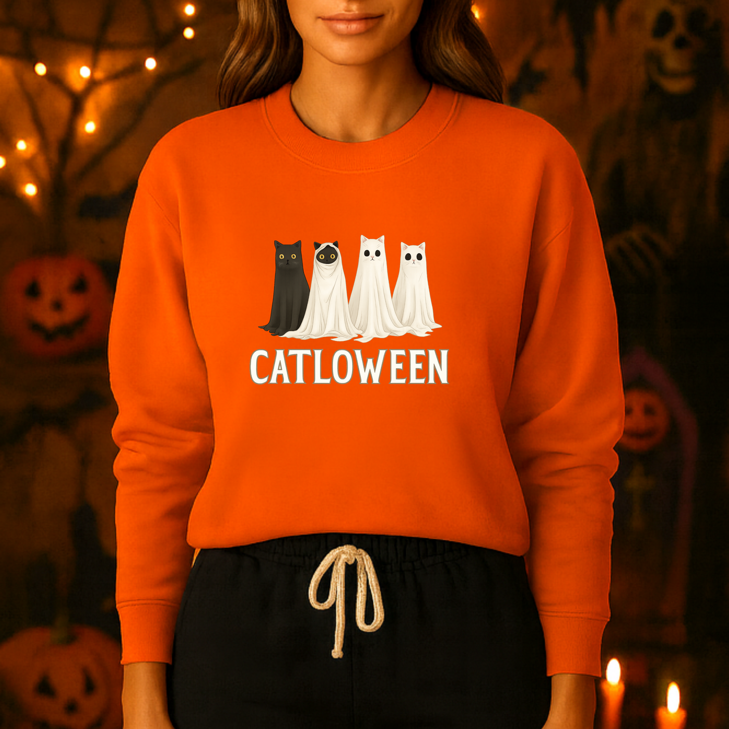 Unisex Heavy Blend™ Catloween Sweatshirt – Cute Ghost Cats Halloween Crewneck | mw1024