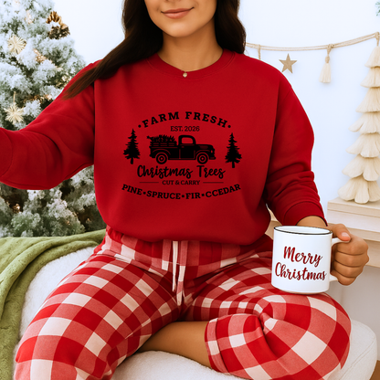 Unisex Heavy Blend™ mw2021 | I Farm Fresh Christmas Trees Sweatshirt – Vintage Red Truck Holiday Crewneck | Rustic Unisex Winter Gift