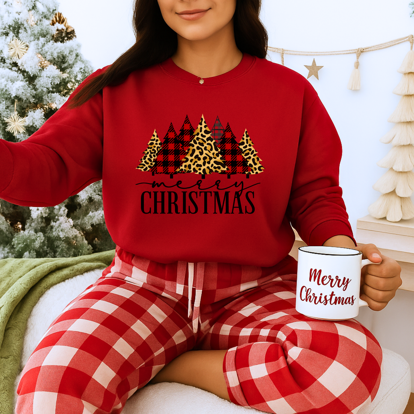 Unisex Heavy Blend™ mw2014 | Merry Christmas Trees Sweatshirt – Leopard & Buffalo Plaid Holiday Crewneck | Cozy Unisex Winter Gift