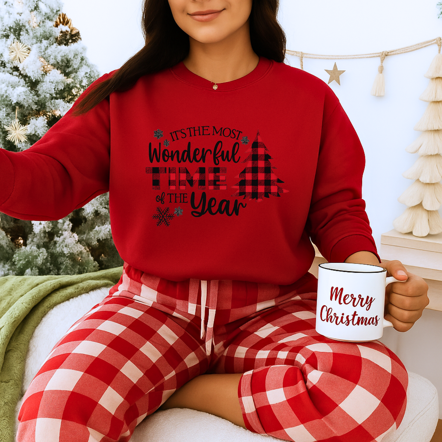 Unisex Heavy Blend™ mw2032 | Most Wonderful Time of the Year Sweatshirt – Buffalo Plaid Christmas Tree Crewneck | Cozy Unisex Holiday Gift