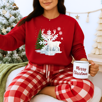 Unisex Heavy Blend™ mw2058 | White Reindeer Christmas Sweatshirt – Snowflake Winter Deer Crewneck, Festive Holiday Pullover Sweater
