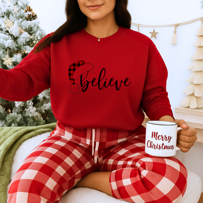 Unisex Heavy Blend™ mw2036 | Believe Christmas Sweatshirt – Buffalo Plaid Santa Hat Holiday Crewneck | Cozy Unisex Winter Gift