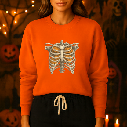 Unisex Heavy Blend™ Halloween Skeleton X-Ray Sweatshirt – Pumpkin Ribcage Design | mw1011