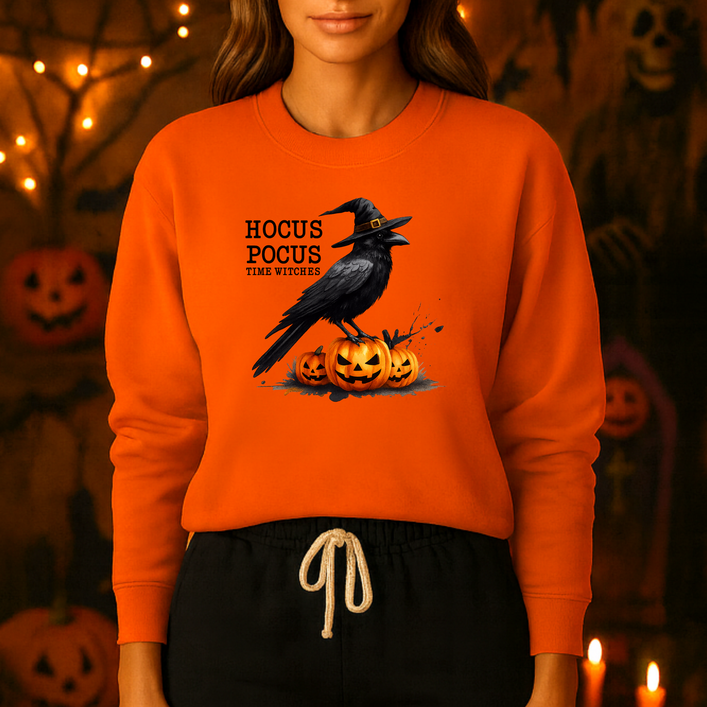 Unisex Heavy Blend™ Hocus Pocus Halloween Sweatshirt – Witchy Raven & Pumpkin Graphic | mw1008