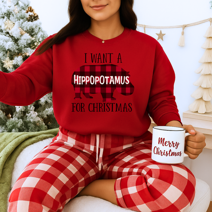 Unisex Heavy Blend™ mw2045 | I Want a Hippopotamus for Christmas Sweatshirt – Funny Buffalo Plaid Hippo Holiday Crewneck Pullover