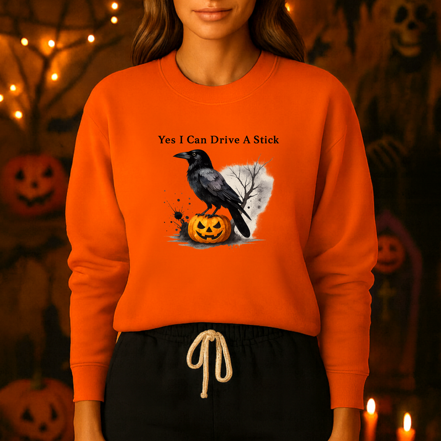 Unisex Heavy Blend™ Yes I Can Drive A Stick Sweatshirt | Funny Halloween Crow Pumpkin Sweater | Spooky Season Witchy Fall Crewneck | mw1004