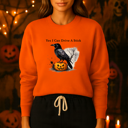 Unisex Heavy Blend™ Yes I Can Drive A Stick Sweatshirt | Funny Halloween Crow Pumpkin Sweater | Spooky Season Witchy Fall Crewneck | mw1004
