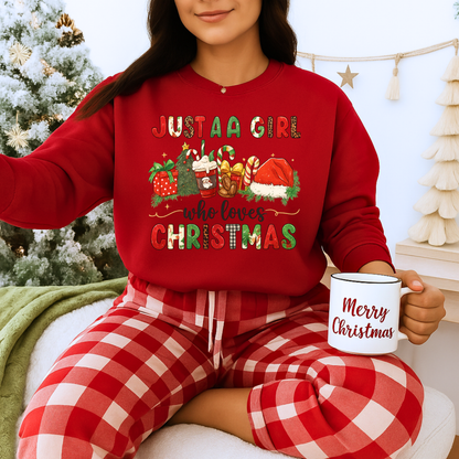 Unisex Heavy Blend™ mw2052 | Just a Girl Who Loves Christmas Sweatshirt – Cute Holiday Pullover, Festive Santa Candy Cane Crewneck
