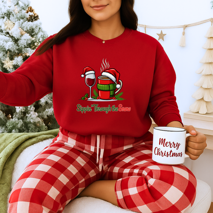 Unisex Heavy Blend™ mw2127 | Sippin’ Through the Snow Christmas Sweatshirt – Funny Holiday Wine & Coffee Crewneck, Festive Xmas Gift