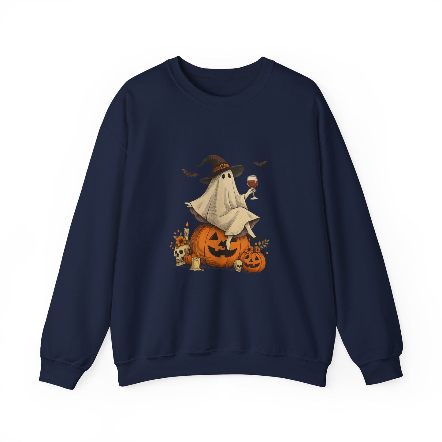 Unisex Heavy Blend™ Wine Ghost Halloween Sweatshirt – Spooky Season Pumpkin Crewneck | mw1013