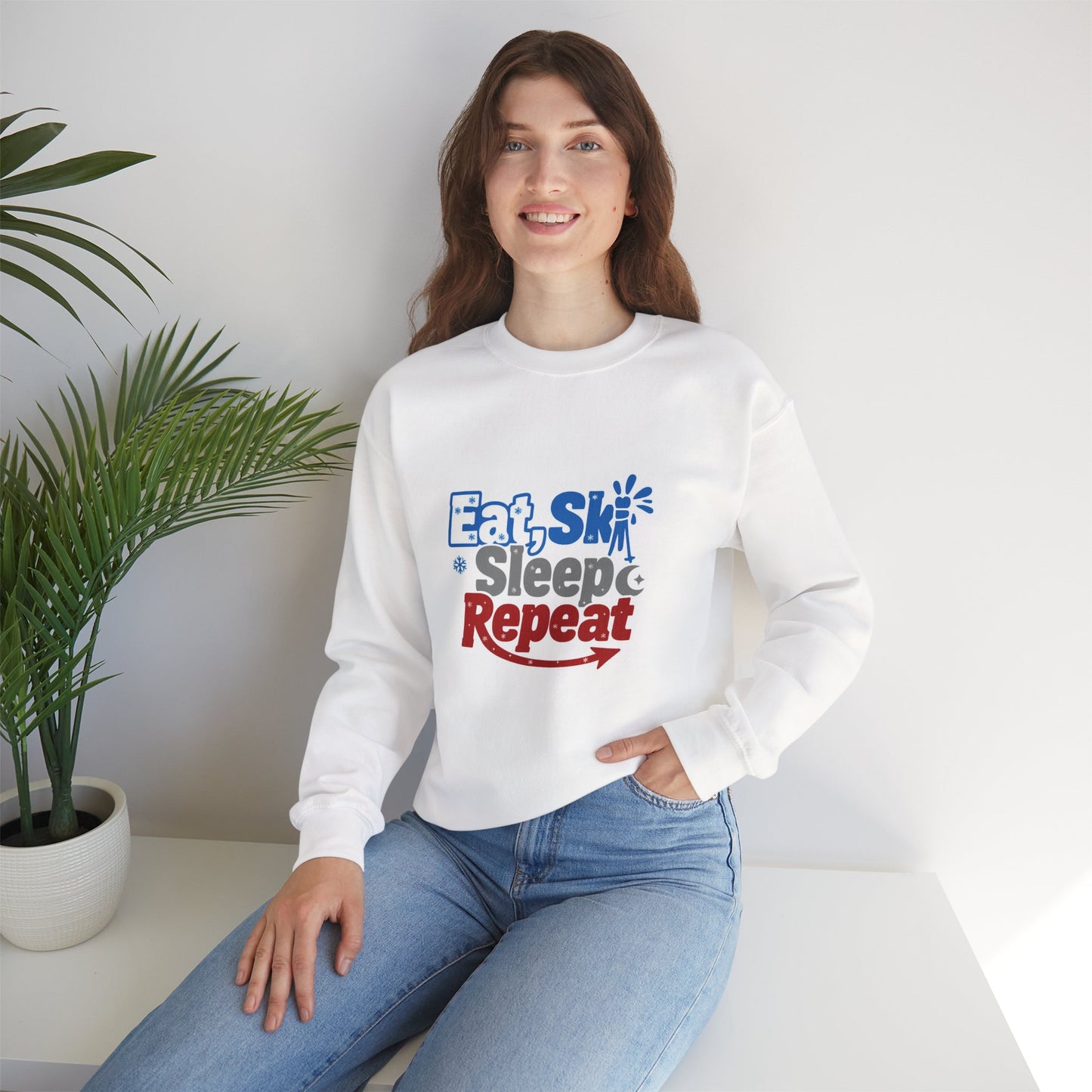 Unisex Heavy Blend™ mw2117 | Eat Ski Sleep Repeat Sweatshirt – Funny Skiing Winter Crewneck, Cozy Snow Sports Gift for Ski Lovers