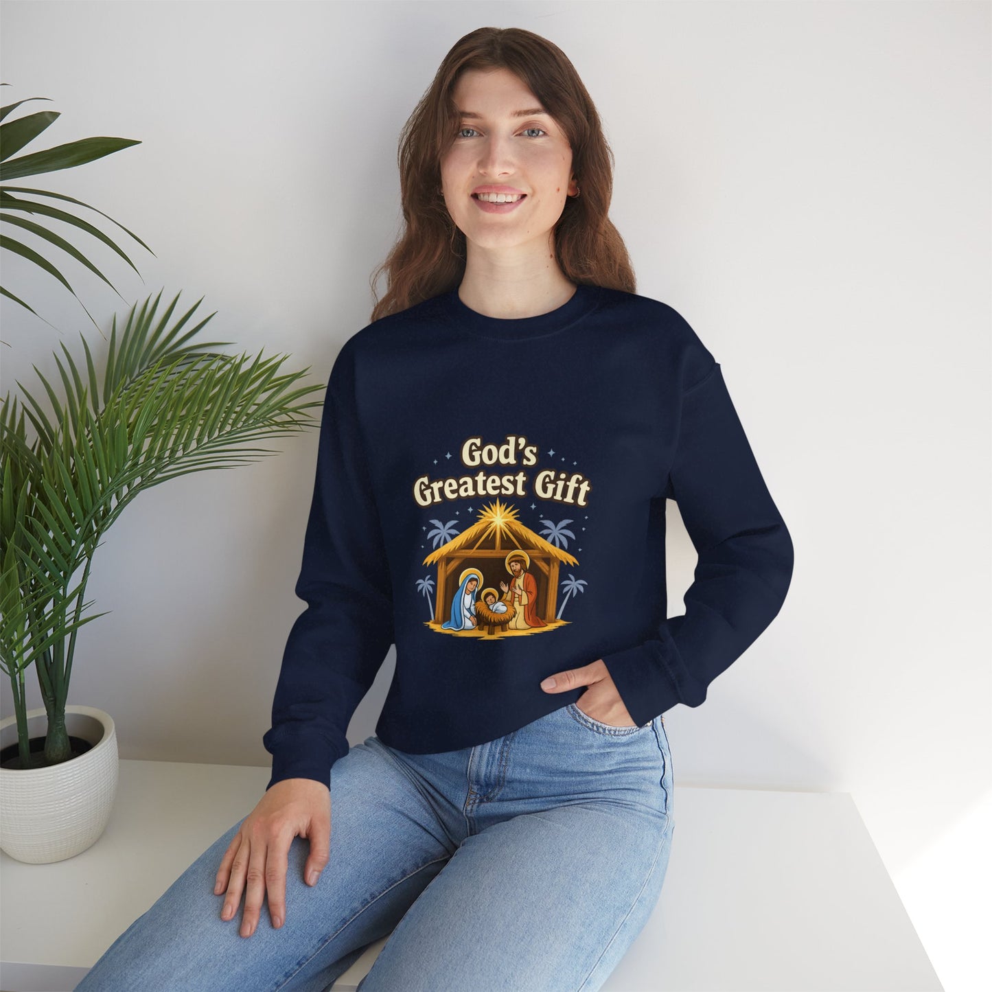 Unisex Heavy Blend™ mw2132 | God’s Greatest Gift Nativity Christmas Sweatshirt – Christian Holiday Crewneck, Religious Xmas Gift