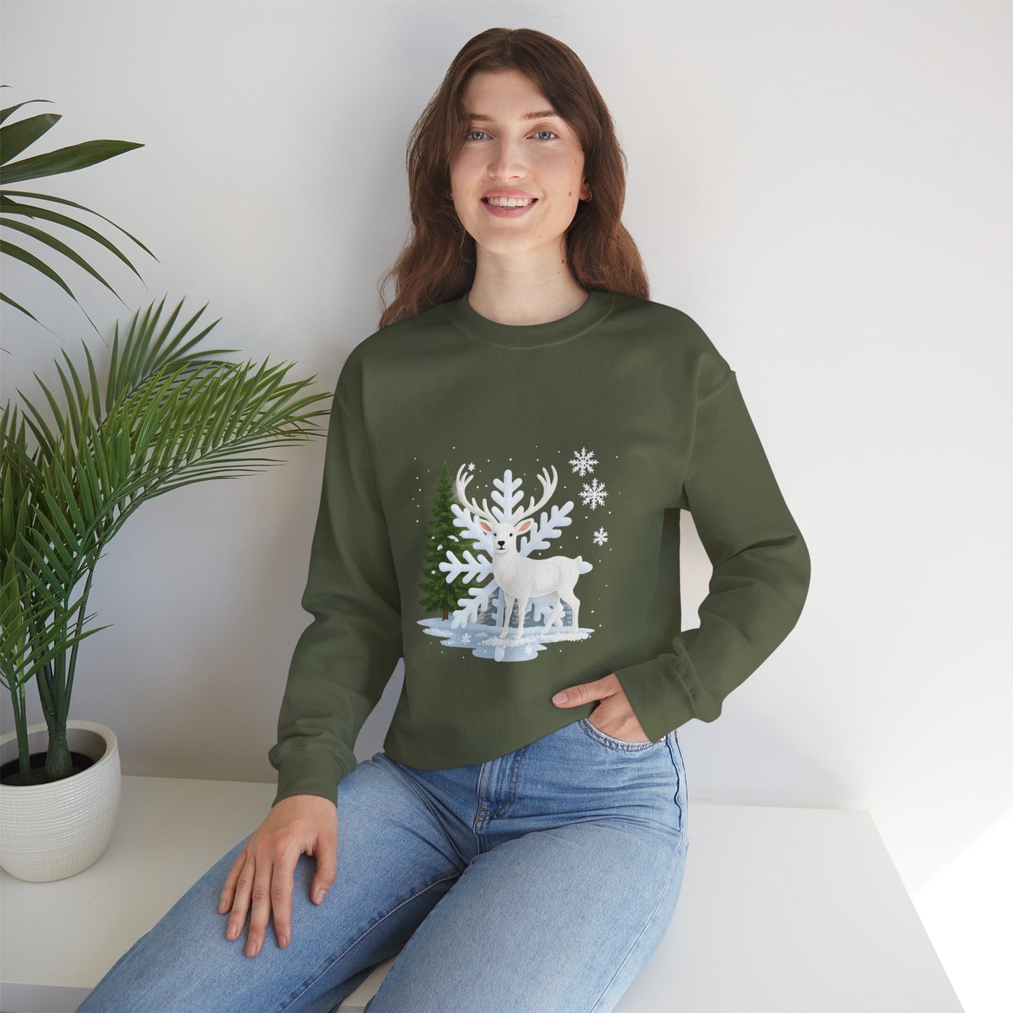 Unisex Heavy Blend™ mw2058 | White Reindeer Christmas Sweatshirt – Snowflake Winter Deer Crewneck, Festive Holiday Pullover Sweater
