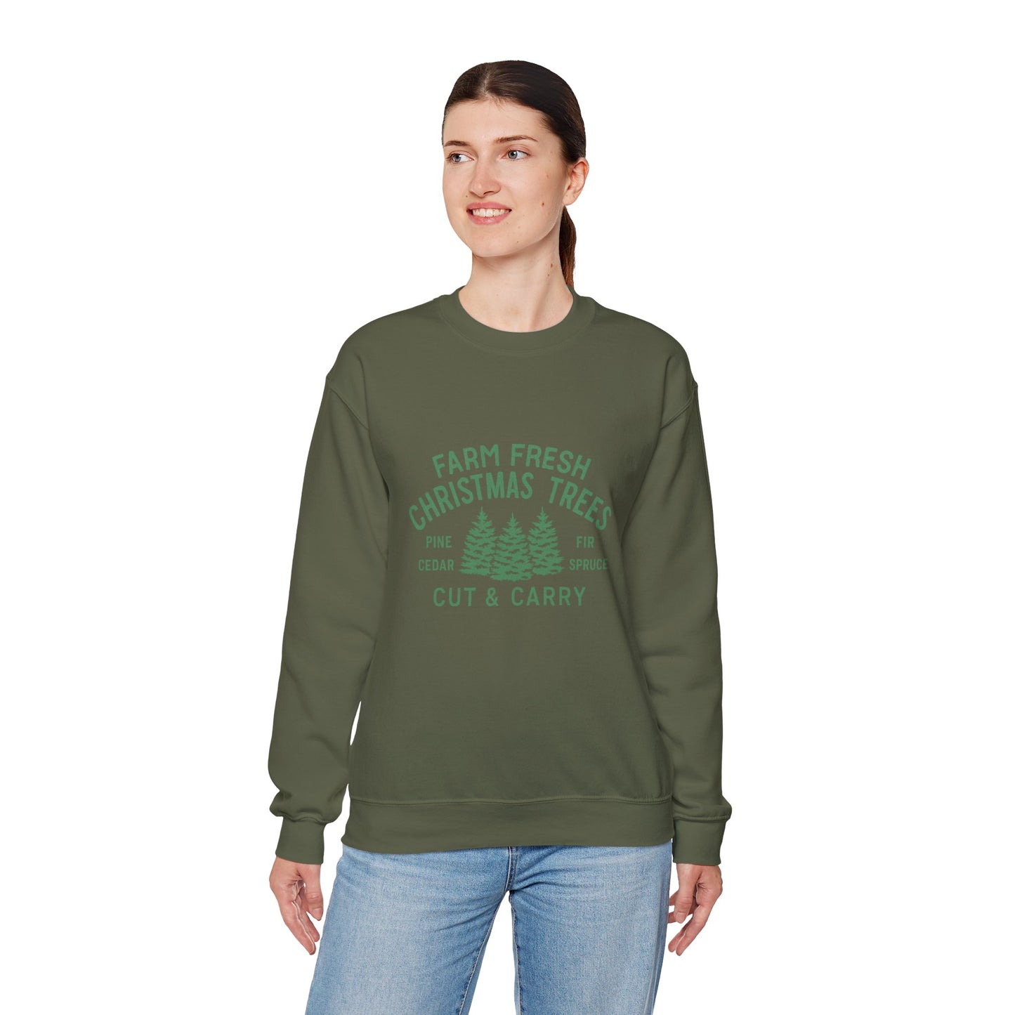 Unisex Heavy Blend™ mw2024 | Farm Fresh Christmas Trees Sweatshirt – Rustic Holiday Pine & Fir Crewneck | Vintage Unisex Winter Gift