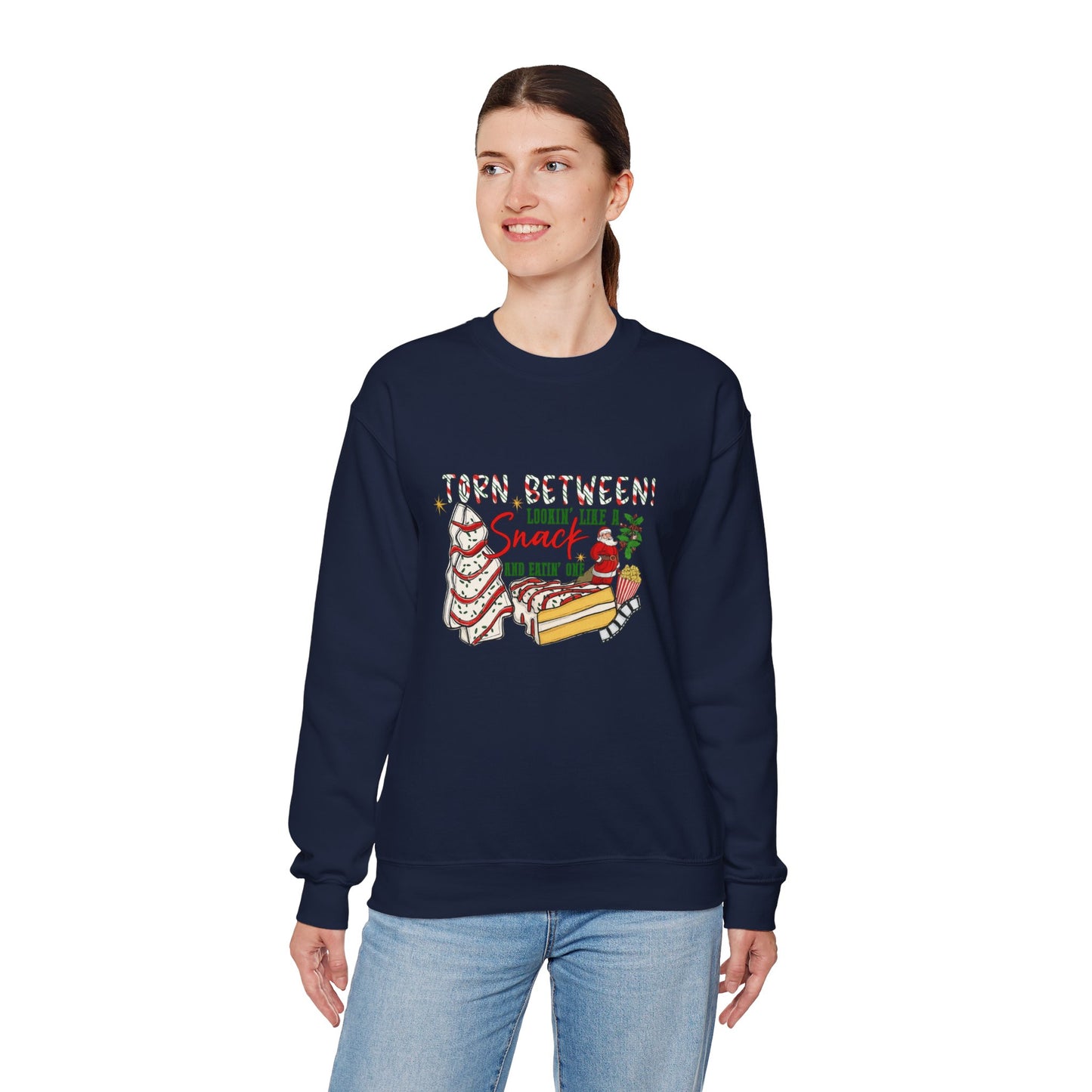 Unisex Heavy Blend™ mw2027 | Torn Between Looking Like a Snack Christmas Sweatshirt – Funny Holiday Crewneck | Cute Unisex Winter Gift
