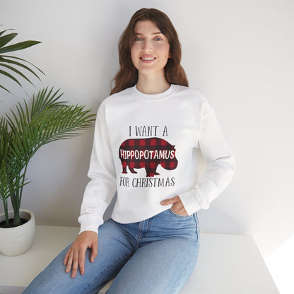 Unisex Heavy Blend™ mw2045 | I Want a Hippopotamus for Christmas Sweatshirt – Funny Buffalo Plaid Hippo Holiday Crewneck Pullover