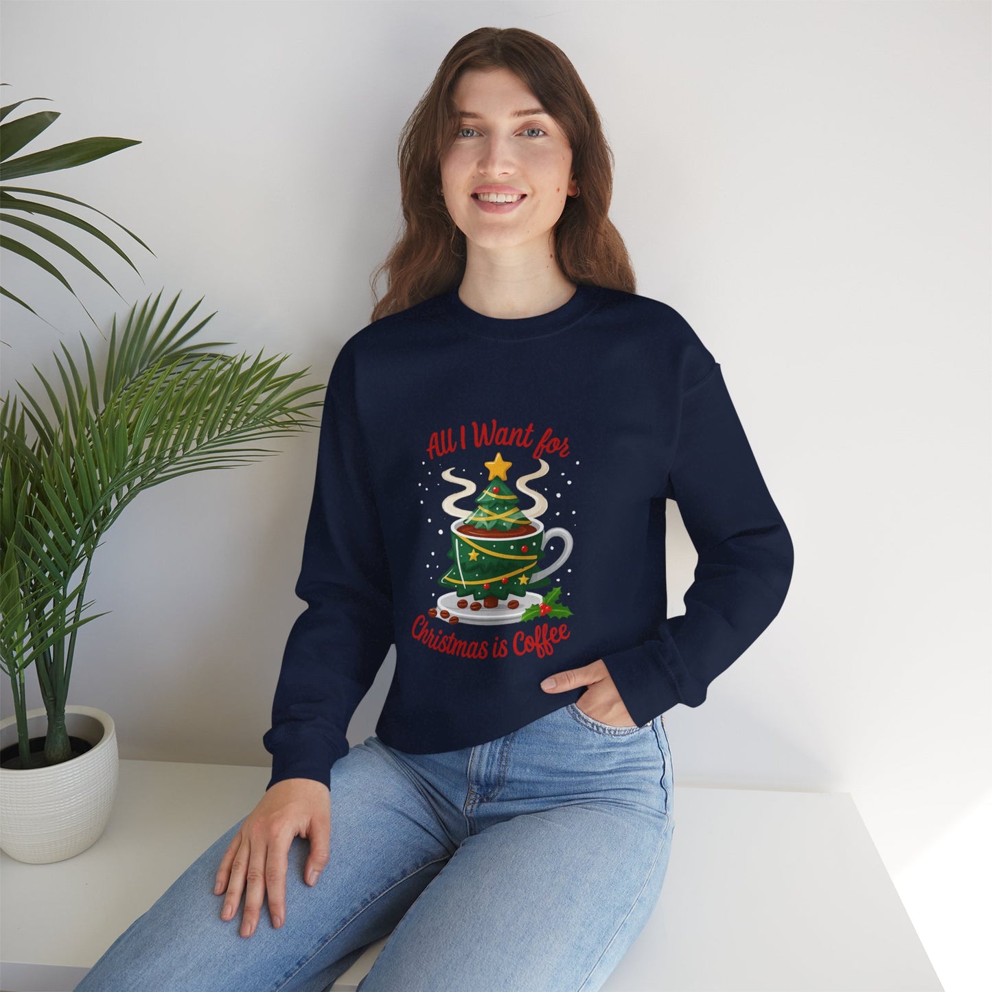 Unisex Heavy Blend™ mw2060 | All I Want for Christmas is Coffee Sweatshirt – Funny Holiday Coffee Lover Crewneck, Festive Winter Pullover