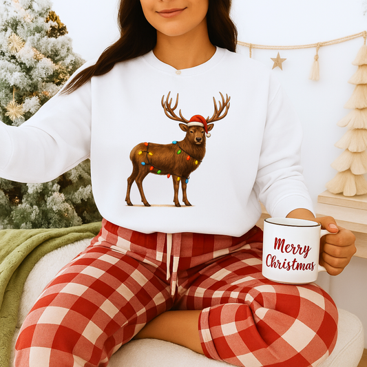 Unisex Heavy Blend™ mw2077 | Christmas Reindeer Sweatshirt – Festive Holiday Elk with Santa Hat & Lights Crewneck Pullover