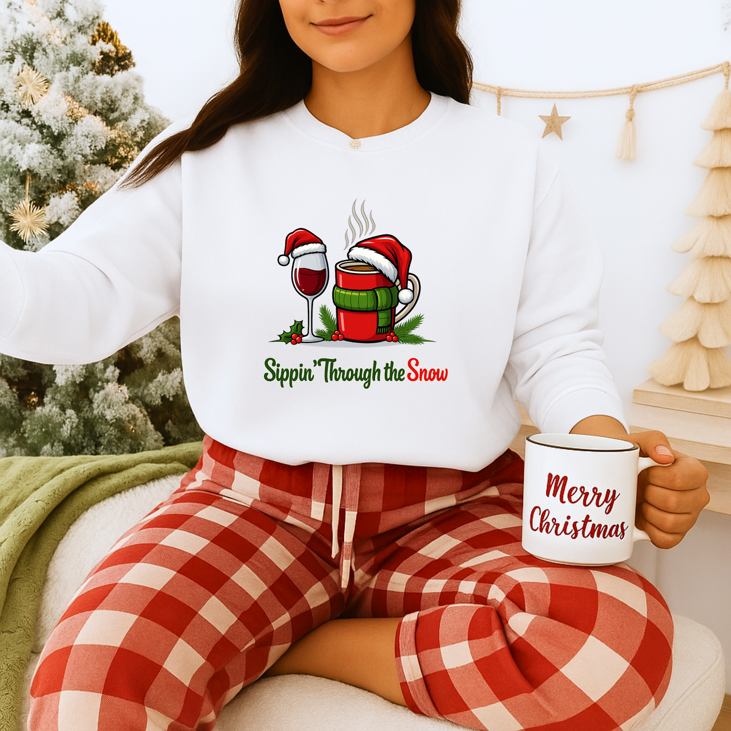 Unisex Heavy Blend™ mw2127 | Sippin’ Through the Snow Christmas Sweatshirt – Funny Holiday Wine & Coffee Crewneck, Festive Xmas Gift