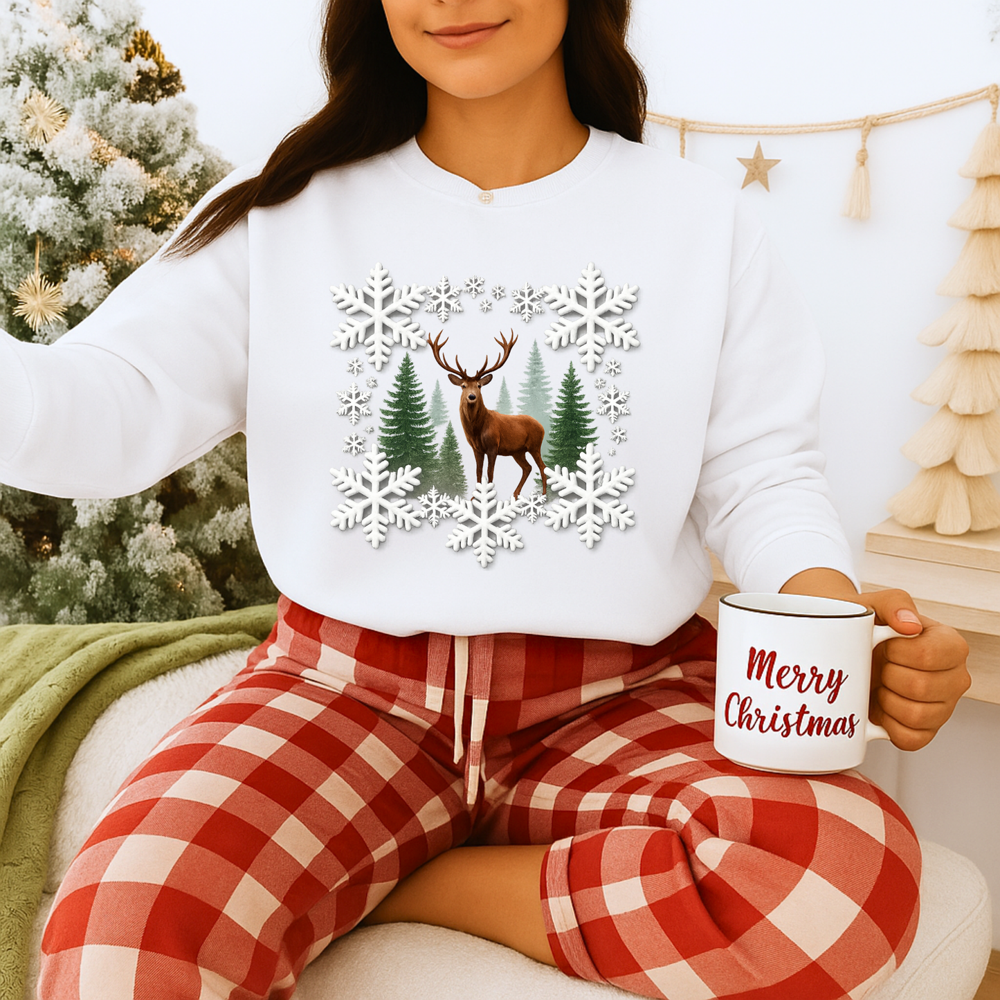 Unisex Heavy Blend™ mw2054 | Snowflake Reindeer Christmas Sweatshirt – Festive Winter Deer Crewneck, Holiday Pullover Sweater