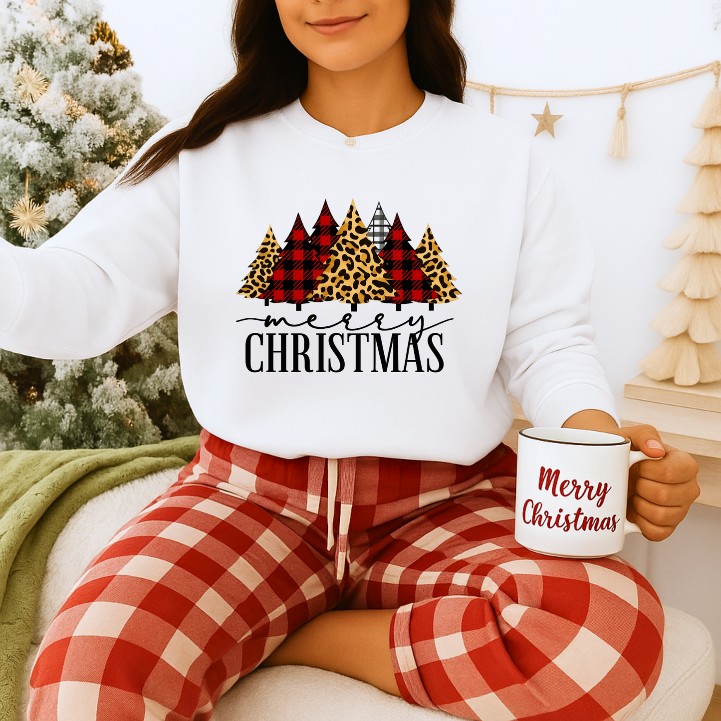Unisex Heavy Blend™ mw2014 | Merry Christmas Trees Sweatshirt – Leopard & Buffalo Plaid Holiday Crewneck | Cozy Unisex Winter Gift