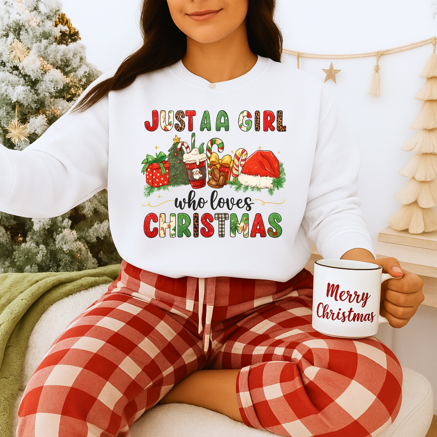 Unisex Heavy Blend™ mw2052 | Just a Girl Who Loves Christmas Sweatshirt – Cute Holiday Pullover, Festive Santa Candy Cane Crewneck