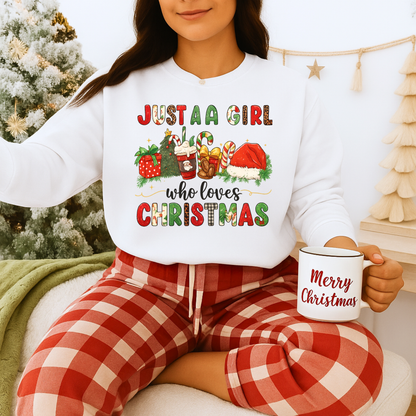 Unisex Heavy Blend™ mw2052 | Just a Girl Who Loves Christmas Sweatshirt – Cute Holiday Pullover, Festive Santa Candy Cane Crewneck