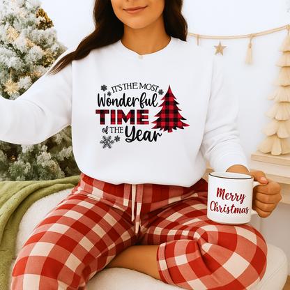 Unisex Heavy Blend™ mw2032 | Most Wonderful Time of the Year Sweatshirt – Buffalo Plaid Christmas Tree Crewneck | Cozy Unisex Holiday Gift