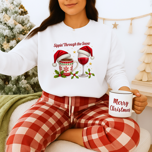 Unisex Heavy Blend™ mw2128 | Sippin’ Through the Snow Christmas Sweatshirt – Funny Holiday Wine & Coffee Crewneck, Festive Xmas Gift