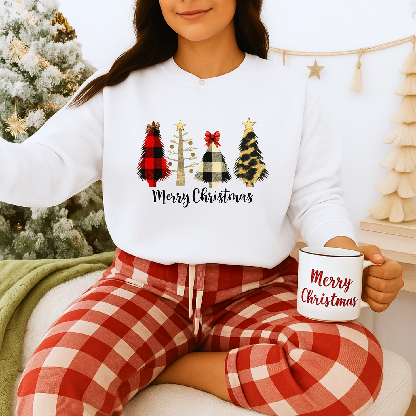 Unisex Heavy Blend™ mw2019 | Merry Christmas Tree Sweatshirt – Buffalo Plaid & Leopard Print Holiday Crewneck | Cozy Unisex Winter Gift