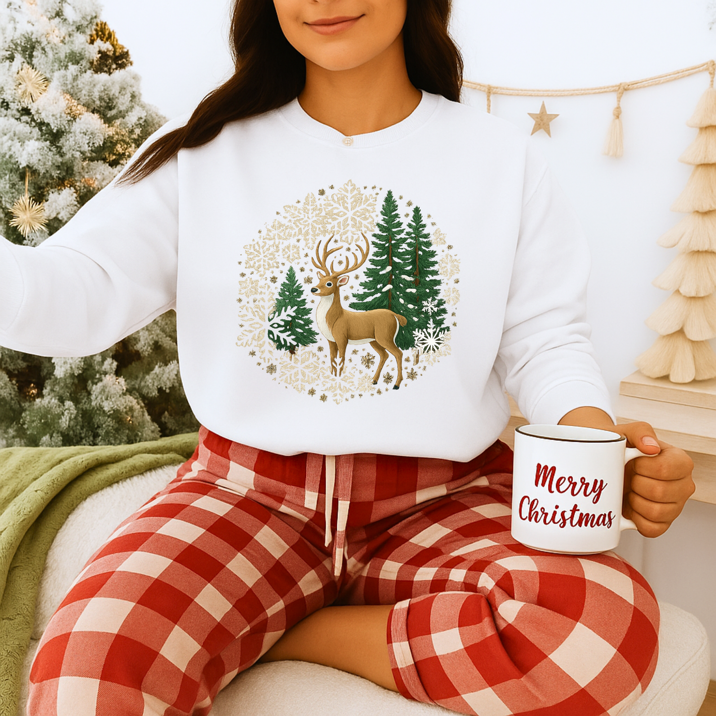 Unisex Heavy Blend™ mw2055 | Reindeer Snowflake Christmas Sweatshirt – Festive Winter Deer Crewneck, Holiday Pullover Sweater