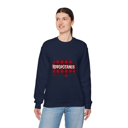 Unisex Heavy Blend™ mw2045 | I Want a Hippopotamus for Christmas Sweatshirt – Funny Buffalo Plaid Hippo Holiday Crewneck Pullover