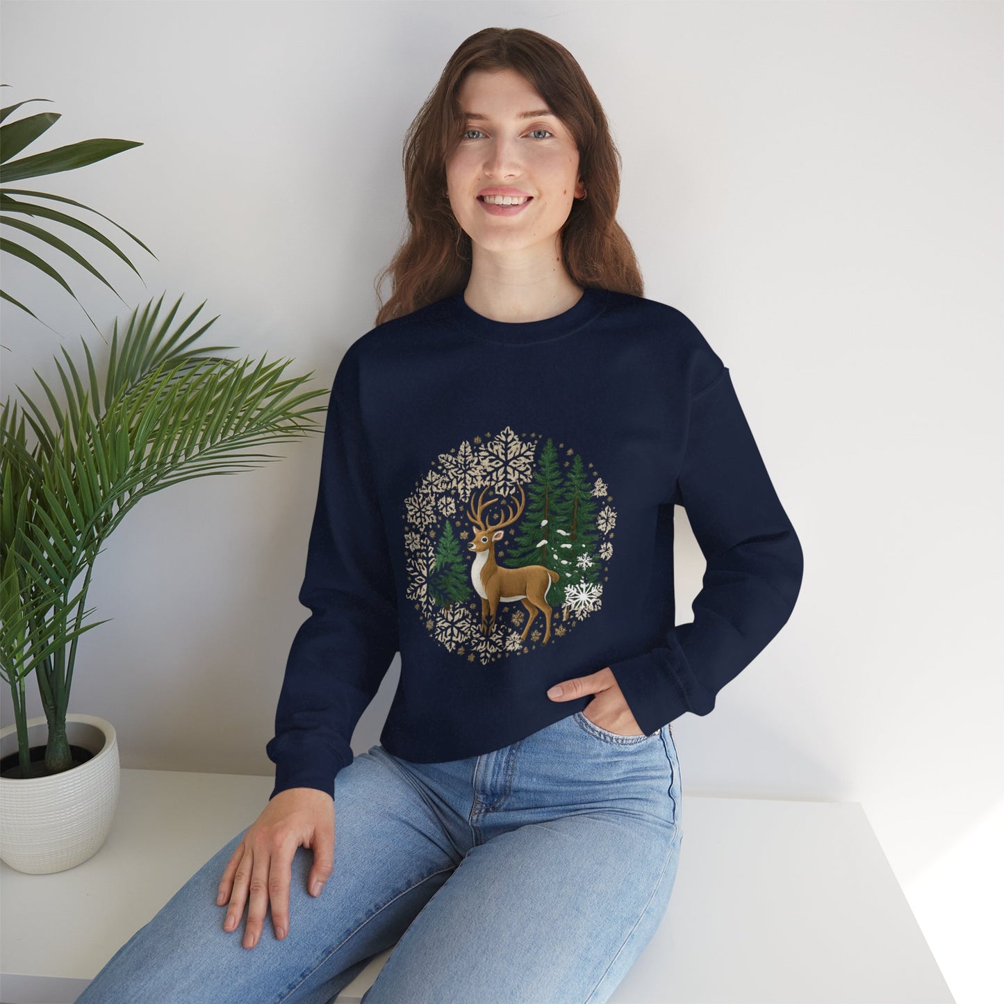 Unisex Heavy Blend™ mw2055 | Reindeer Snowflake Christmas Sweatshirt – Festive Winter Deer Crewneck, Holiday Pullover Sweater