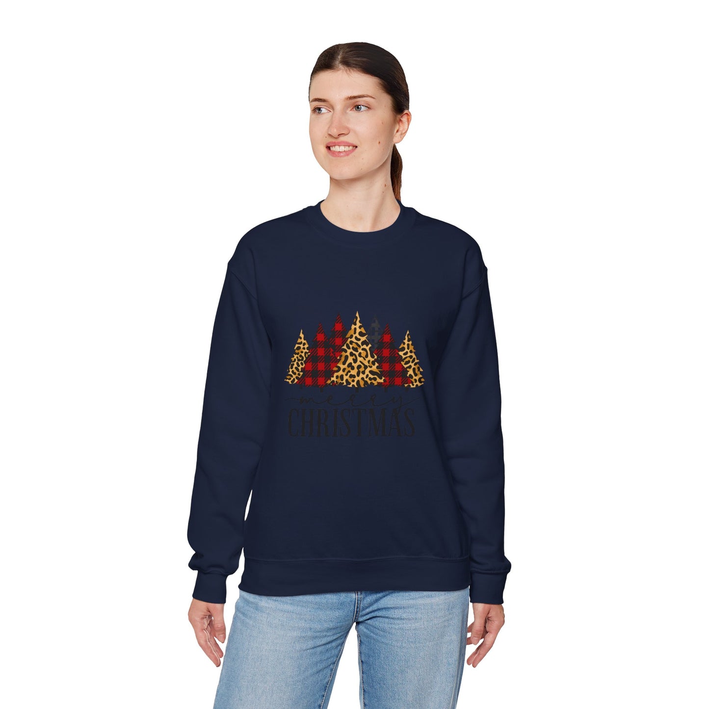 Unisex Heavy Blend™ mw2014 | Merry Christmas Trees Sweatshirt – Leopard & Buffalo Plaid Holiday Crewneck | Cozy Unisex Winter Gift