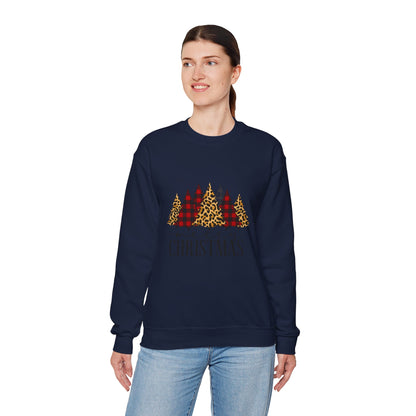 Unisex Heavy Blend™ mw2014 | Merry Christmas Trees Sweatshirt – Leopard & Buffalo Plaid Holiday Crewneck | Cozy Unisex Winter Gift