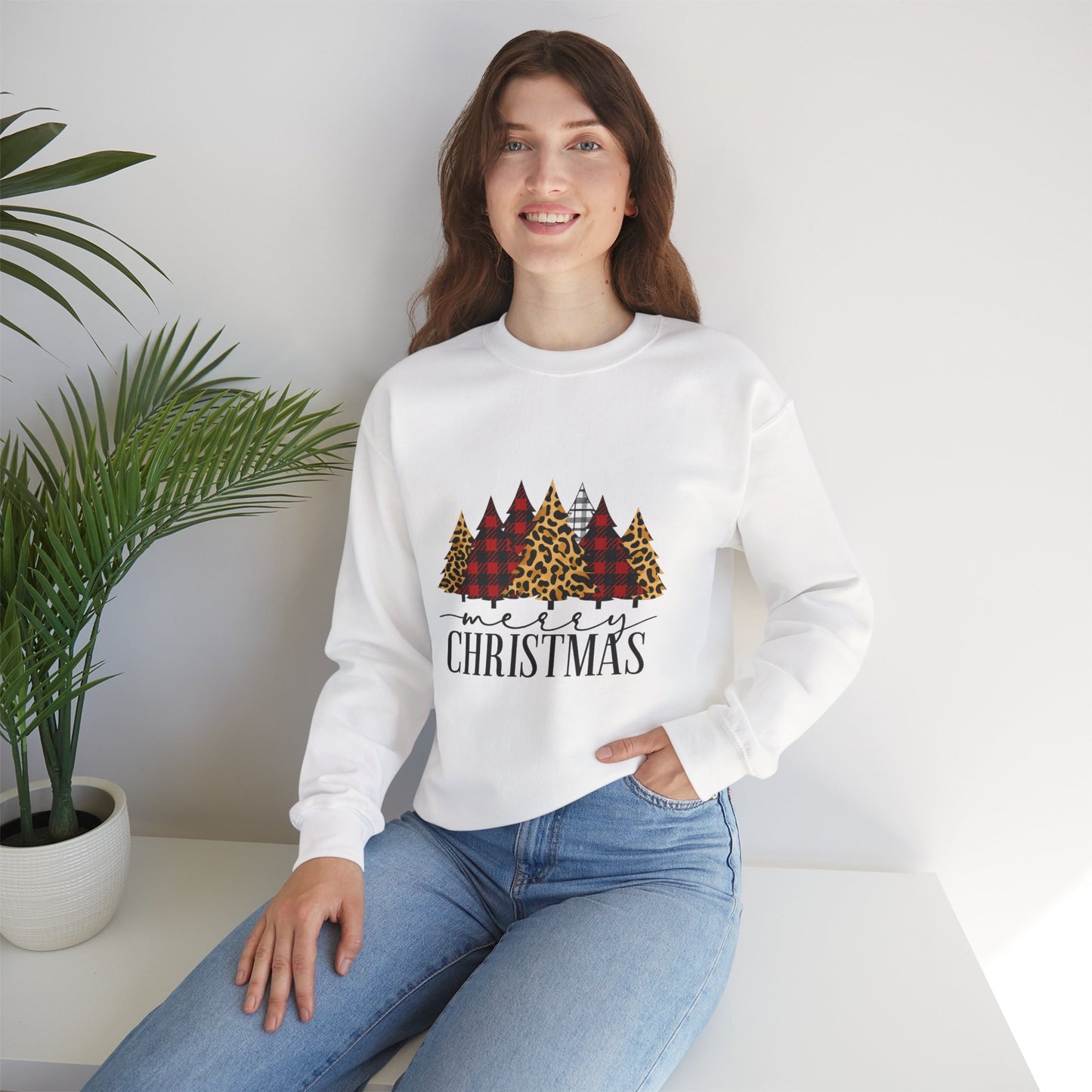 Unisex Heavy Blend™ mw2014 | Merry Christmas Trees Sweatshirt – Leopard & Buffalo Plaid Holiday Crewneck | Cozy Unisex Winter Gift