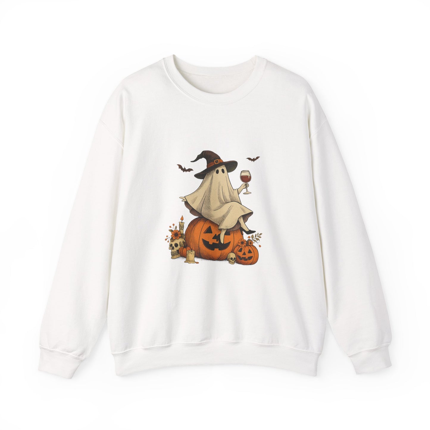 Unisex Heavy Blend™ Wine Ghost Halloween Sweatshirt – Spooky Season Pumpkin Crewneck | mw1013