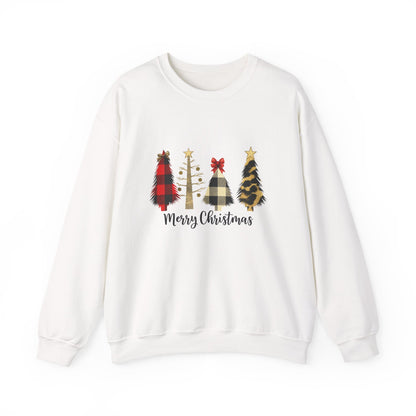 Unisex Heavy Blend™ mw2019 | Merry Christmas Tree Sweatshirt – Buffalo Plaid & Leopard Print Holiday Crewneck | Cozy Unisex Winter Gift