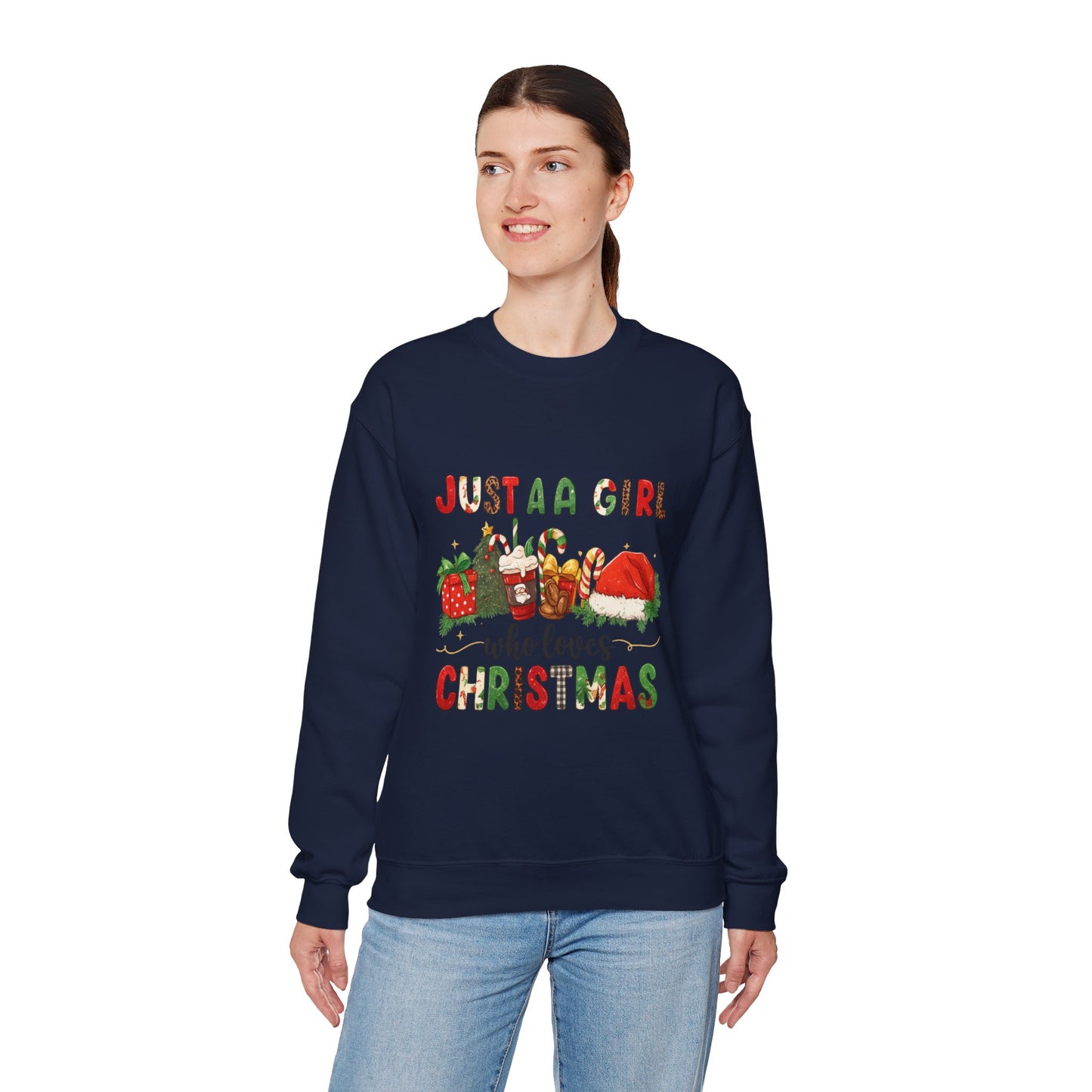 Unisex Heavy Blend™ mw2052 | Just a Girl Who Loves Christmas Sweatshirt – Cute Holiday Pullover, Festive Santa Candy Cane Crewneck