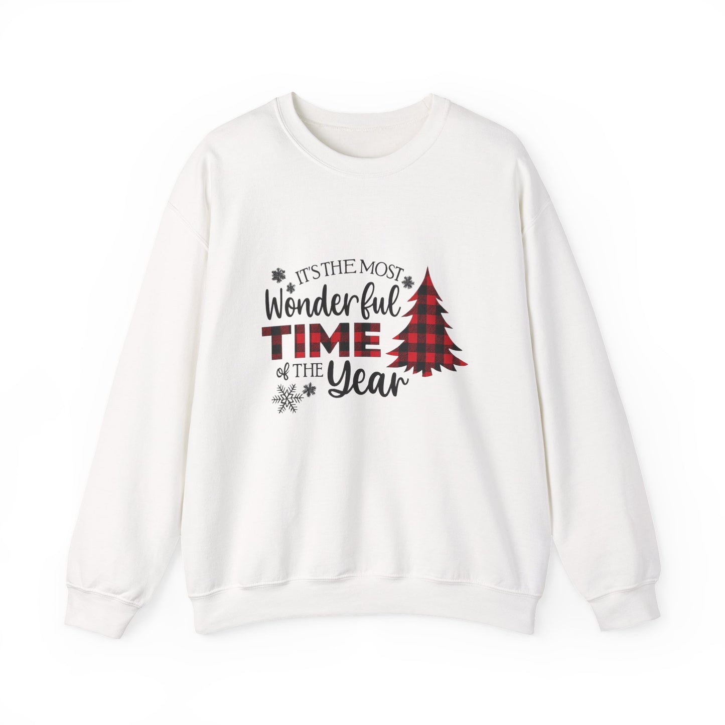 Unisex Heavy Blend™ mw2032 | Most Wonderful Time of the Year Sweatshirt – Buffalo Plaid Christmas Tree Crewneck | Cozy Unisex Holiday Gift