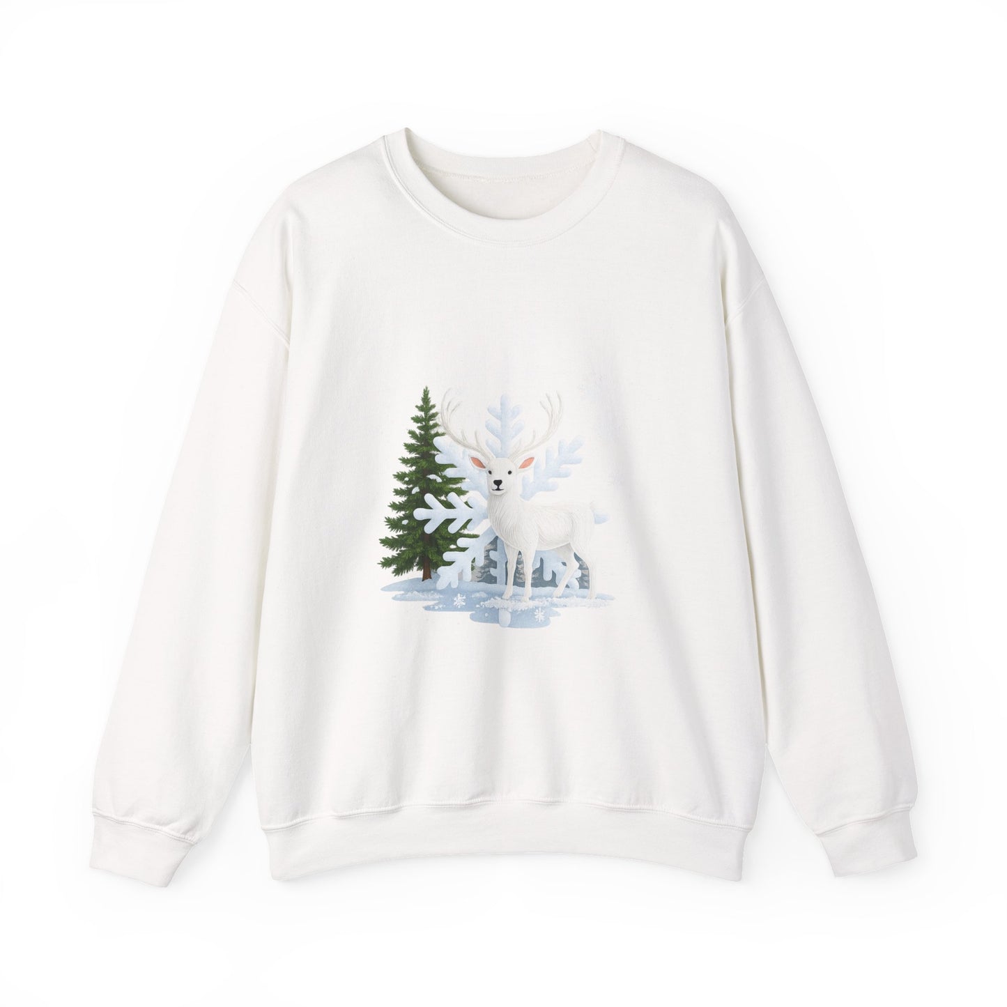 Unisex Heavy Blend™ mw2058 | White Reindeer Christmas Sweatshirt – Snowflake Winter Deer Crewneck, Festive Holiday Pullover Sweater