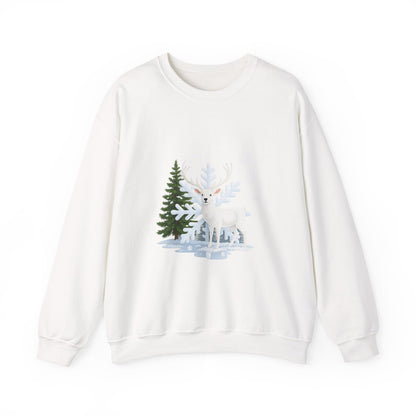 Unisex Heavy Blend™ mw2058 | White Reindeer Christmas Sweatshirt – Snowflake Winter Deer Crewneck, Festive Holiday Pullover Sweater