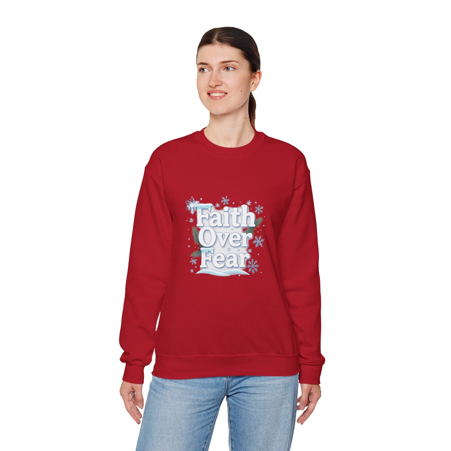 Unisex Heavy Blend™ mw2122 | Faith Over Fear Christian Christmas Sweatshirt – Inspirational Holiday Crewneck, Religious Winter Gift